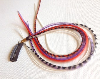 Removable Feather Hair Extension Clip Bright Orange, Purple, Cream, Striped Hair Accessory Summer Hair Clip