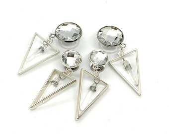 Studs Earrings to 1 1/8 ( 28mm) Gauge Silver Triangle Dangle Plugs Quartz Crystal Ear Plugs Earrings Geometric Hider EarPlugs