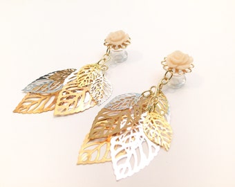 Formal 4g Dangle Plugs 0g 2g Silver And Gold Leaves EarPlugs Hanging Hiders 6g Bridal Gauged Earrings Choose Rose Color 00g