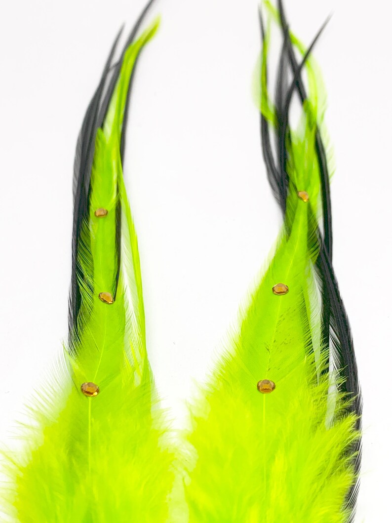 Slender Feather Earrings Chartreuse Lime Green and Black with Rhinestones OOAK Ready to Ship