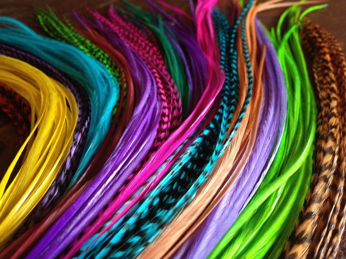 ALL DYED Feather Extensions Grizzly Bright Colorful Discount Etsy