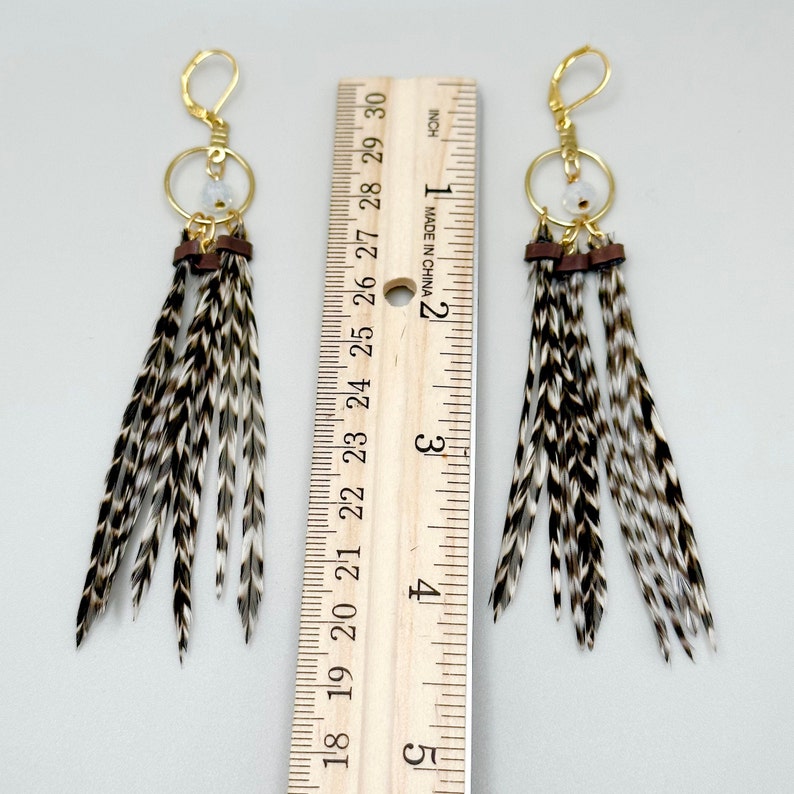 Feather Hoops 4.5-5 Long Feather Earrings, Gold, Black and White Striped Grizzly image 6