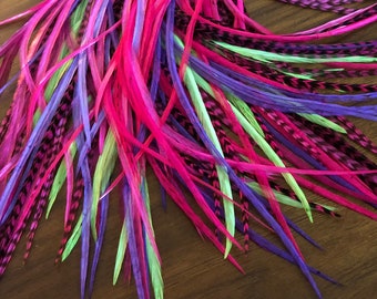 Pink Purple Lime Magenta Feather Extensions Long Hair Feather Extensions, Bright Hair Accessories 6pcs Loose or Bonded into One Bundle