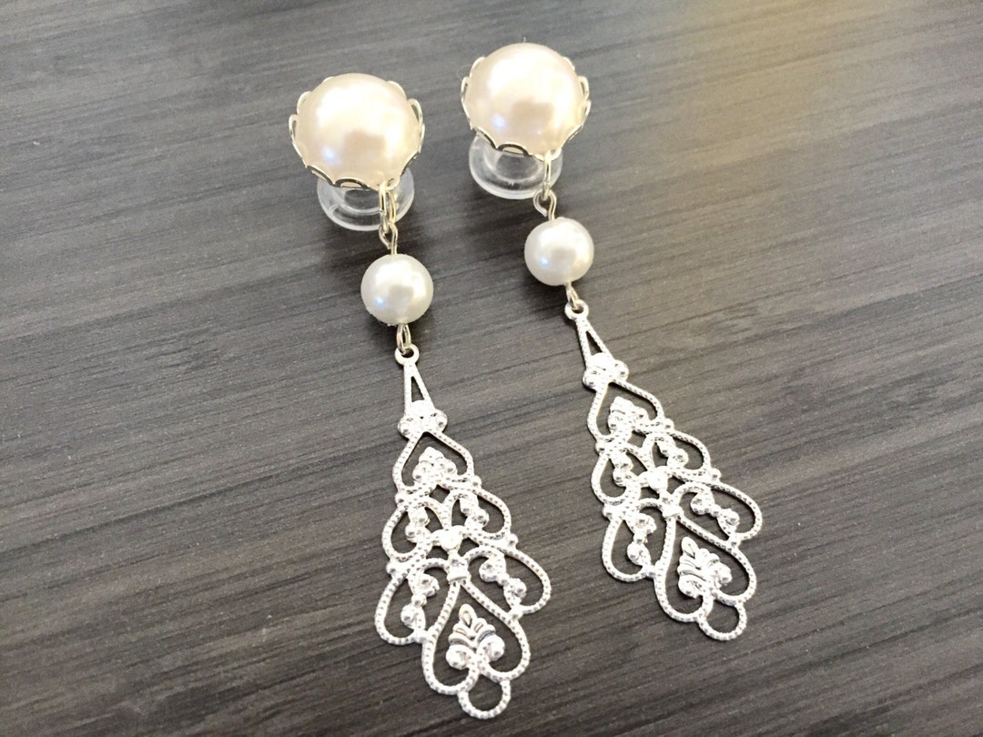 Wedding Gauges 14g/16g/12g/10g/8g Dangle Plugs, Pearl Bridal Gauges