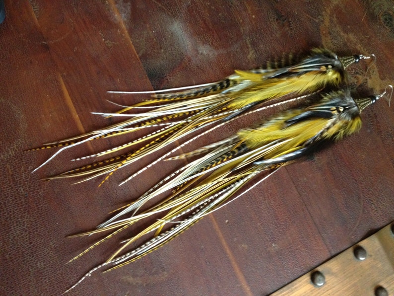 Golden Olive Feather Earrings: Long Feather Dangle Earrings, Boho Natural Feather Jewelry Fall Fashion, Real Bird Feathers Hippie Earrings image 3