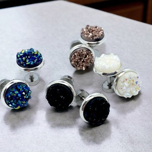 10g 8g Dangle Plugs 2g 4g 6g 14g 16g 12g Plugs Faux Druzy Glitter Ear Gauges Acrylic or Steel Screw Backs