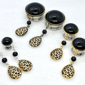 Stud Earrings to 1&quot; 25mm Leopard Dangle Plugs, Cheetah Hider Ear Plugs Dangly Teardrop Gauged Earrings Gold Silver or Bronze