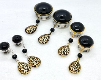 Stud Earrings to 1" 25mm Leopard Dangle Plugs, Cheetah Ear Plugs Dangly Teardrop Gauged Earrings Gold Silver or Bronze