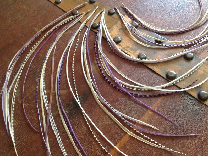 Real Feather Hair Extensions Kit Purple Cream Violet Feather Etsy