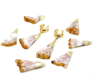 2g 6mm to 1 3/16” 30mm Saddle Plugs Ear Spreader With Natural Raw Citrine Crystal Stone Dangle Plug Earrings