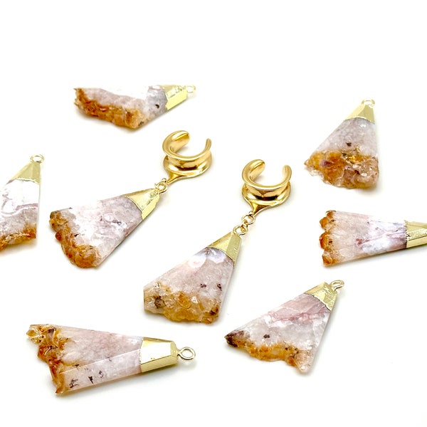 2g 6mm to 1 3/16” 30mm Saddle Plugs Ear Spreader With Natural Raw Citrine Crystal Stone Dangle Plug Earrings