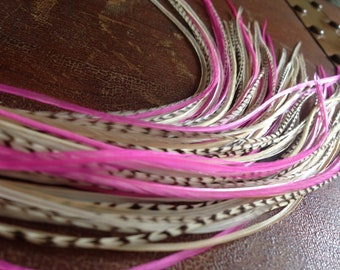 Feather Hair Extensions Long Grizzly Pink Cream Valentine 5 Bonded Real Rooster Hair Feathers,  Pink Feather Extensions