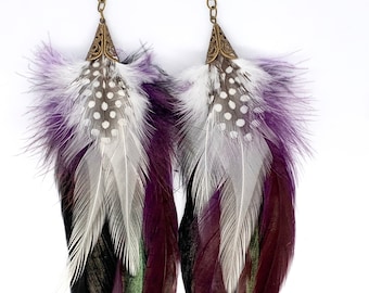 Handmade Purple Feather Earrings, Bronze Chain, Lever Back Ear Wires, Fluffy Feathers