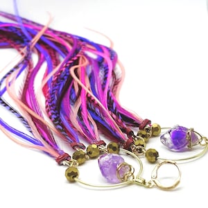 12” Hoop Earrings Pink Magenta Purple Feather Earrings Feather Hoops Long Dangle Earrings with Natural Amethyst Crystal Nugget