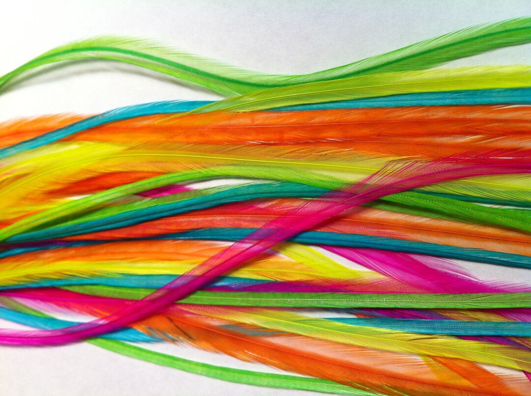 Bonded Feather Extensions Long Bright Neon ONE Bundle W/ 5 Long Real Hair Feathers for Feather