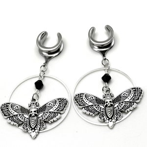 2g 6mm to 1 3/16” 30mm Dangle Saddle Spreader Dead Head Skull Ear Plugs Gothic Moth Hoop Hanging Plugs