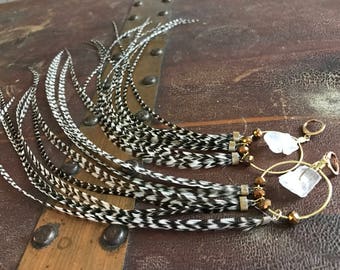 Natural Grizzly Feather Earrings, Gold Hoop Earrings With Nugget Quartz Crystals Leverback Earrings, Real Feather Hoops, Crystal Hoops