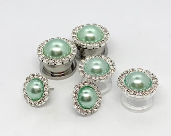 Post Earrings to 5/8” 16mm Plugs Mint Pearl Rhinestone Gauged Earrings, Bridesmaid Jewelry Ear Plugs Wedding Earrings For Brides