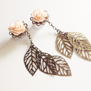 Romantic Dangle Plugs Peach Rose Plugs with Leaf Dangles Choose From 24 Colors 9/16" 1/2" Ear Plugs Hider Gauged Earrings