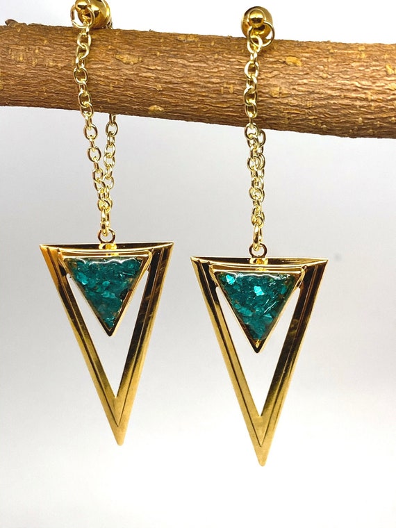 Gold Brass Art Deco Style Emerald Glitter Magnetic Ear Plug Dangles for Ear Tunnel Hangers Sizes 1g and UP With/Without Tunnels Dangle Plugs