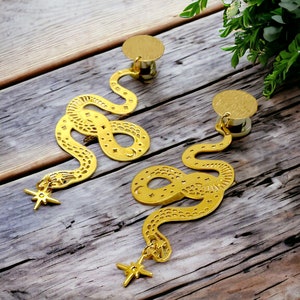 Stud Earrings to 1“ 25mm Snake Dangle Plugs, Golden Brass Ear Plugs, Hider Gauges, 14g 12g 10g 2g 1g 4g 6g 00g 000g 7/8&quot; 22mm 16mm