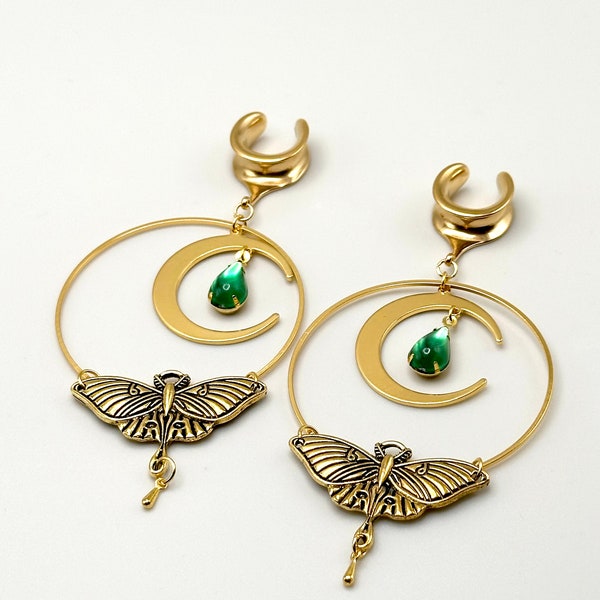 2g (6mm) to 1 3/16” (30mm) Dangle Plugs Saddle Ear Spreader With Emerald Green Bead with Lunar Moth Gold/Brass Hoop Plugs