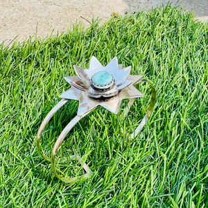 Round Larimar Bangle, Lotus Design Bangle, Handmade 925 Silver Jewelry