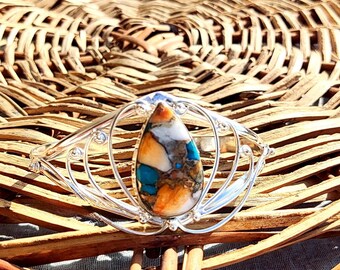 Unique Oyster Copper Turquoise Jewelry, 925 Sterling Silver Bangle, Handmade Bangle, Anniversary Gift