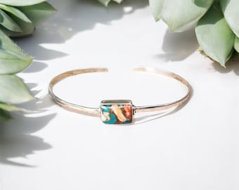 Stylish Oyster Copper Turquoise Bangle, Christmas Gift, Handmade Jewelry, 925 Sterling Silver Bangle