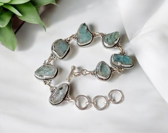 Pulsera clásica de aguamarina cruda, hecha a mano, joyería de plata de ley 925, nueva colección