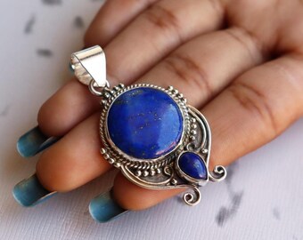 Durable Round Lapis Lazuli Pendant, Two Stone, Handmade Jewelry, 925 Sterling Silver Pendant
