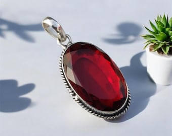 Classic Garnet Pendant, Handmade Jewelry, 925 Sterling Silver Pendant, Big Oval Gemstone