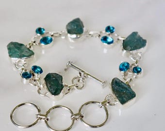 Classic Raw Aquamarine\ Blue Topaz Bracelet, Christmas Gift, Handmade Jewelry, 925 Silver Bracelet