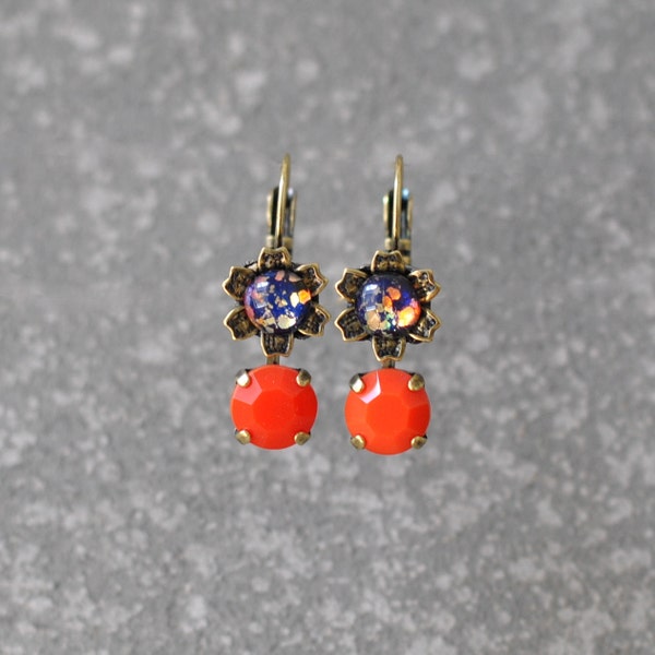 Black Opal Coral Earrings Crytstal Coral Orange Vintage German Glass Black Opal Floral Rhinestone Drop Tennis Leverback