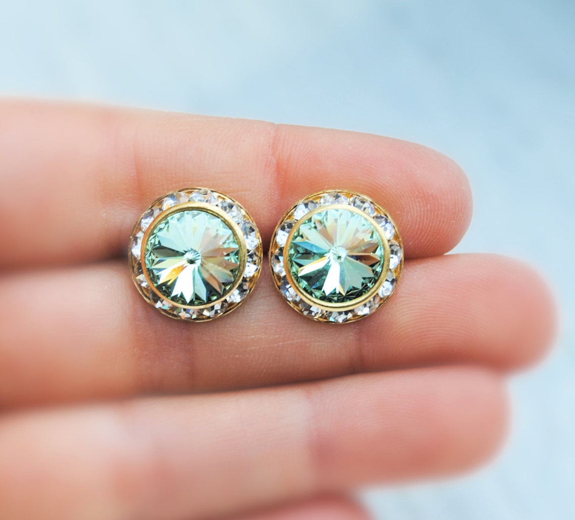 Crisp Celery Green Pastel Gold Earrings Rhinestone Earrings Etsy