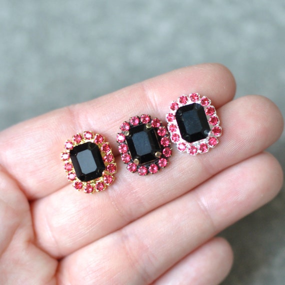 Pink Emerald Rectangle Earrings 8mm Dark Crystal Stud Made with SWAROVSKI