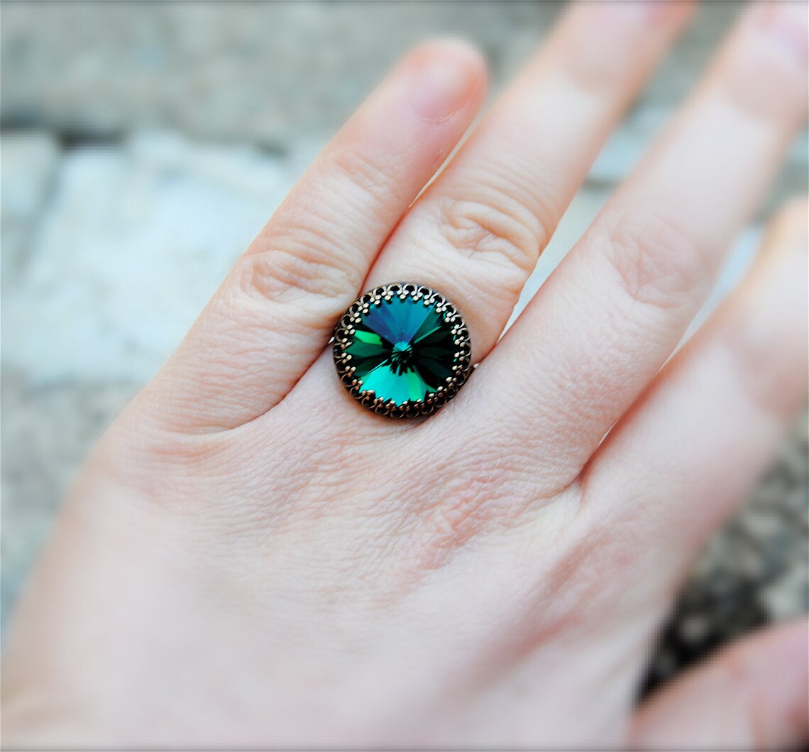 Emerald Green Ring Swarovski Crystal Ring Victorian Crown Etsy