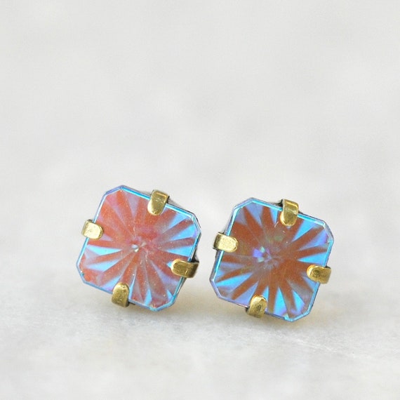 Aurora Borealis Stud Earrings Rare Vintage Swarovski Crystal Etsy