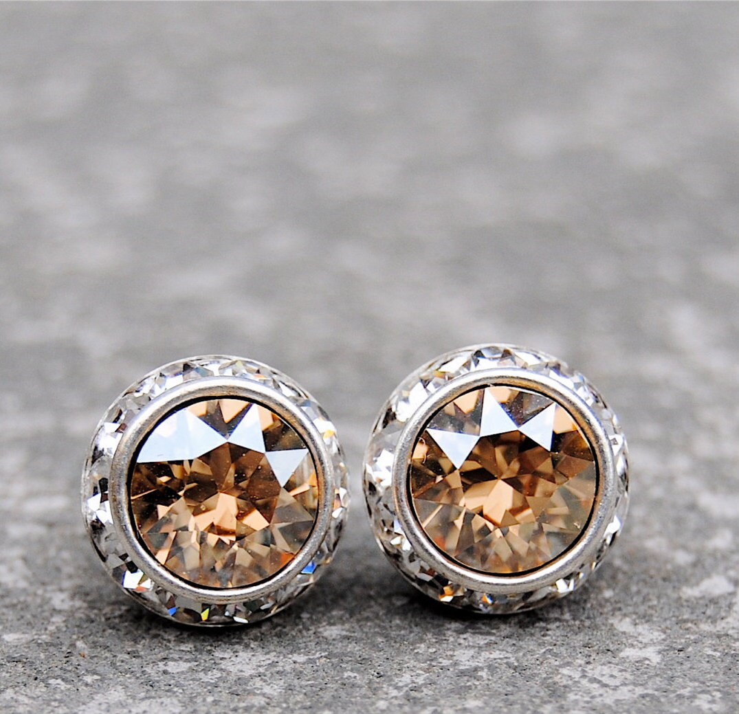 Champagne Diamond Bridal Earrings Swarovski Crystal Golden