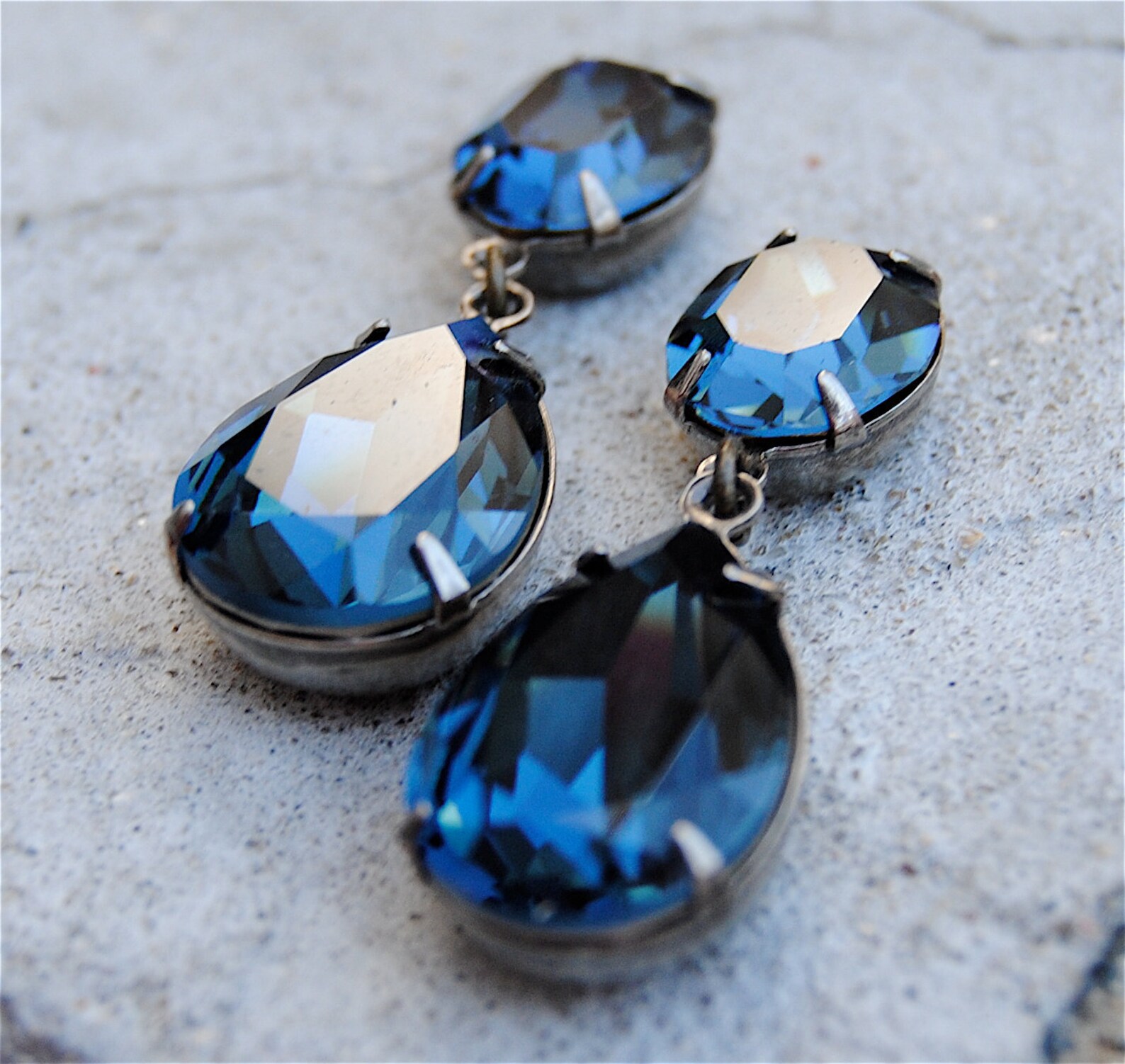 Vintage Navy Blue Earrings Swarovski Crystal Earrings Tear Etsy