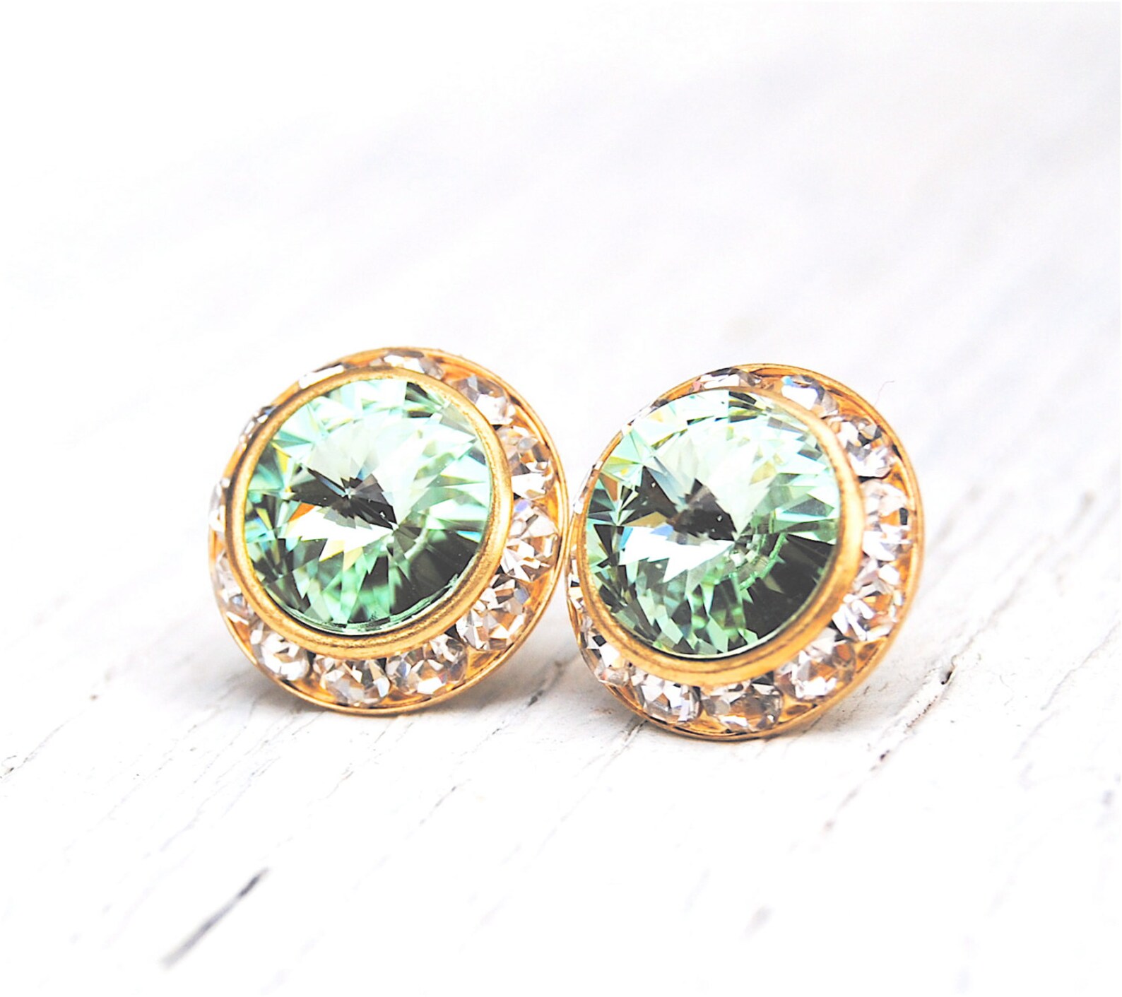 Crisp Celery Green Pastel Gold Earrings Rhinestone Earrings Etsy
