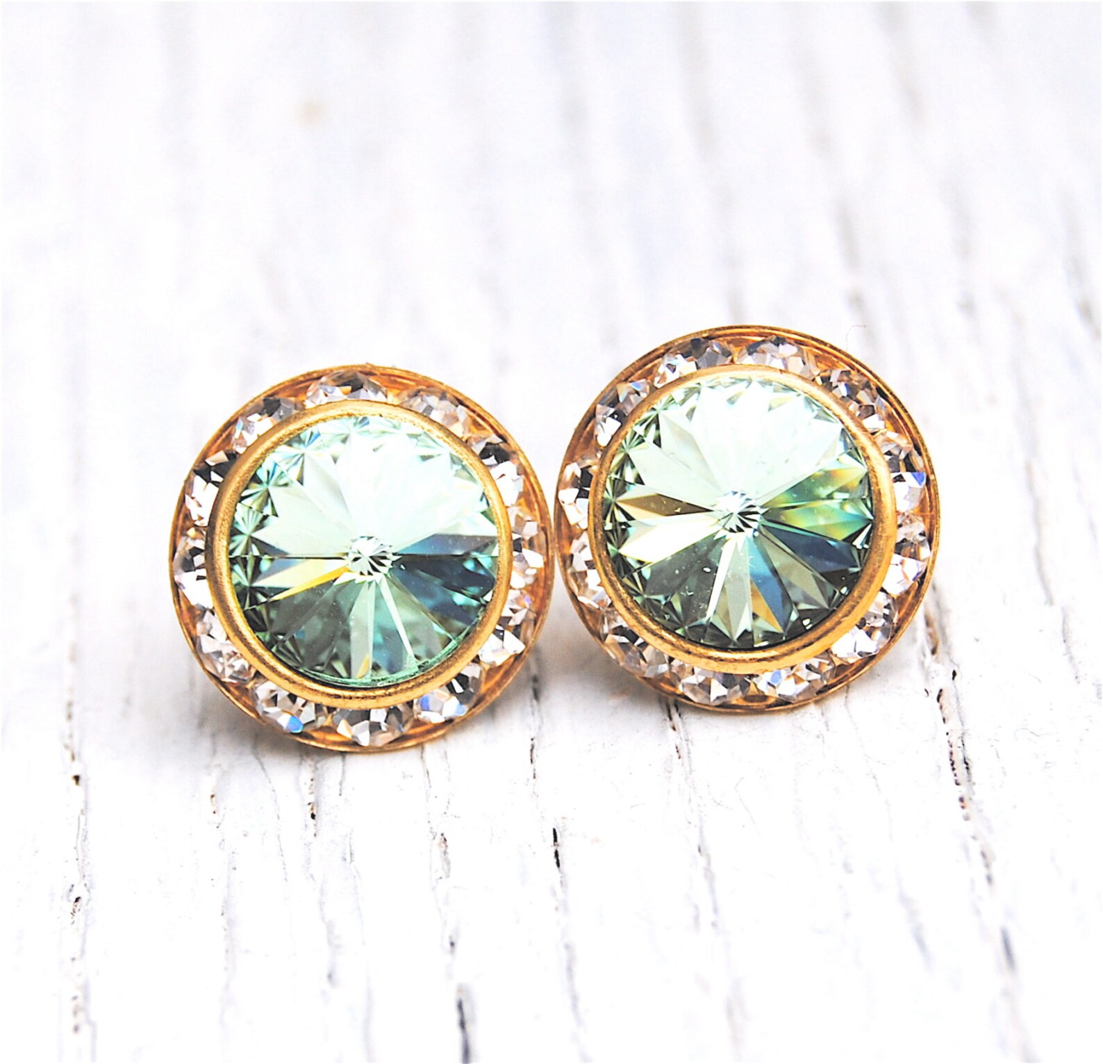 Crisp Celery Green Pastel Gold Earrings Rhinestone Earrings Etsy