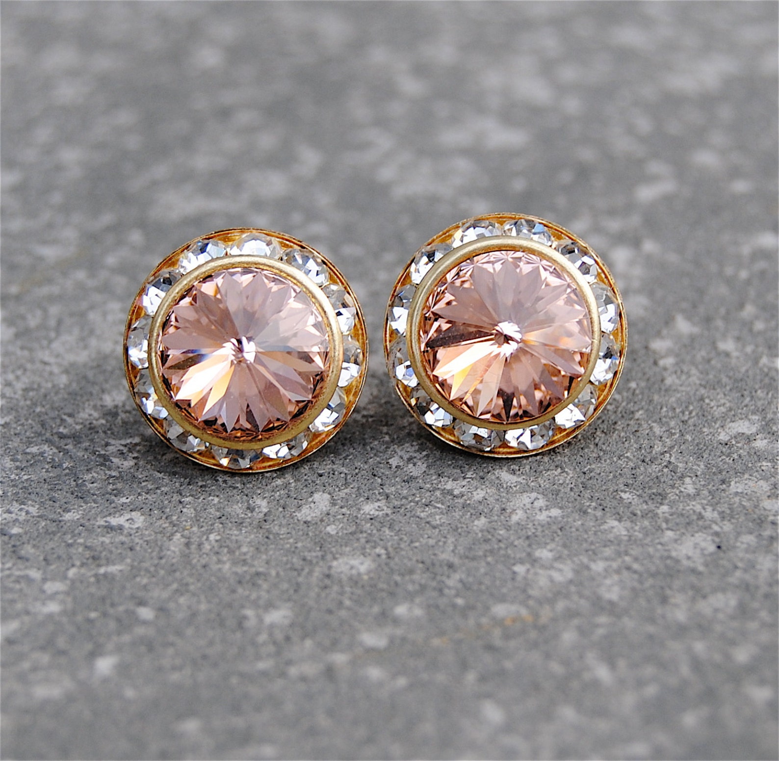 Blush Rose Gold Stud Earrings Clip on Swarovski Crystal Etsy