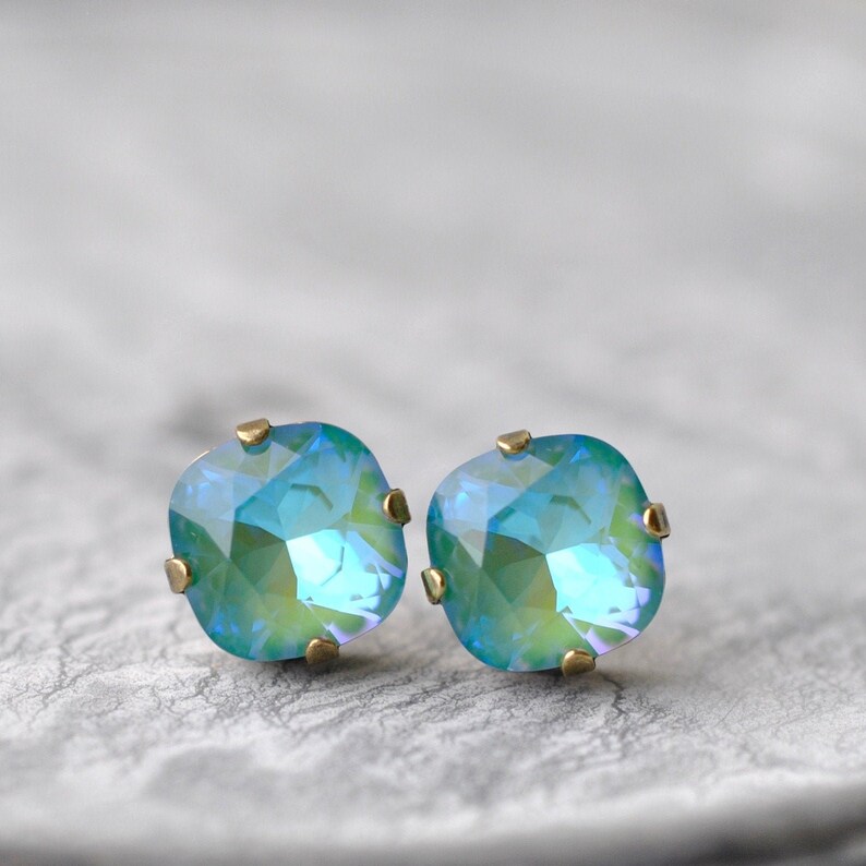 Green Stud Earrings Swarovski Crystal Sage Green Rainbow Etsy