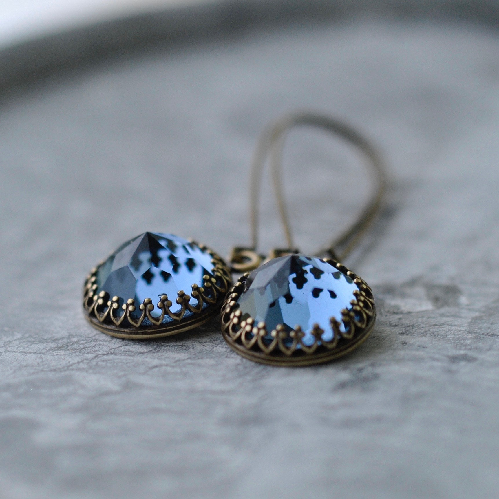 denim blue pear pendant blue dangle earrings blue pear shape earrings denim blue and gold jewelry. Swarvarski dainty earring