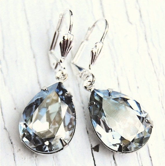 Blue Gray Silver Mist Earrings Pear Swarovski Crystal Earrings