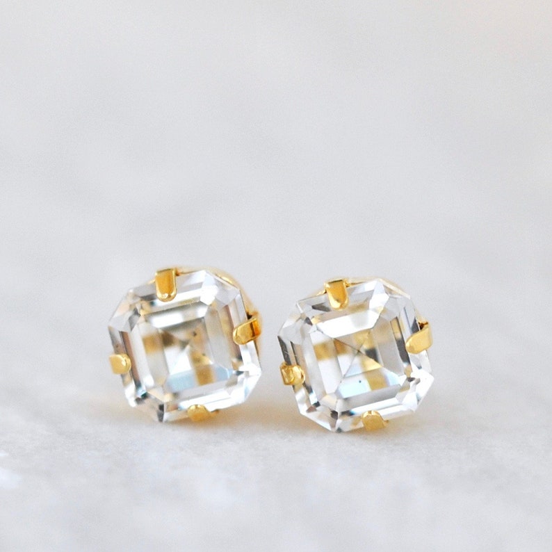 Asscher Cut Diamond Stud Earrings Vintage SWarovki Studs Bride | Etsy