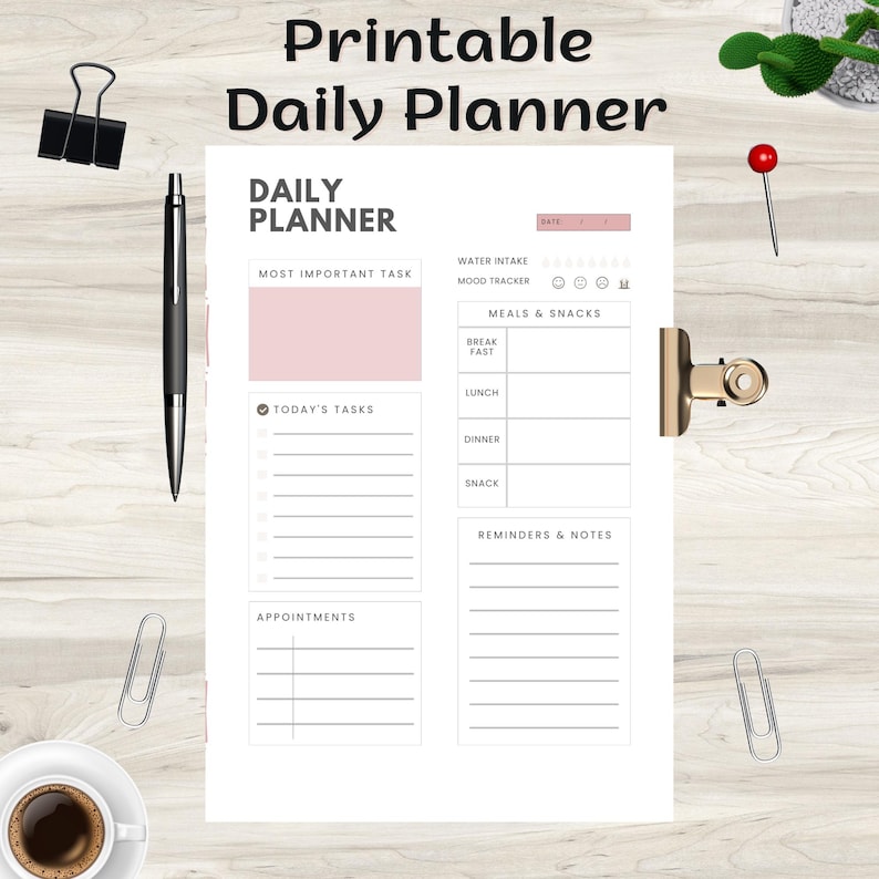 May include: A printable daily planner with the title "Printable Daily Planner" at the top. The planner includes sections for tasks, appointments, meals, and notes. The design is minimalist with a white background and pink accents.