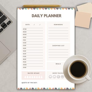 May include: A daily planner with the title "DAILY PLANNER" at the top. The planner includes sections for the date, reminders, shopping list, meals, water intake, and mood tracker. A cup of coffee sits on a saucer to the right.