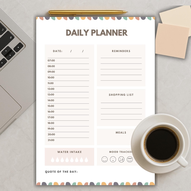 May include: A daily planner with the title "DAILY PLANNER" at the top. The planner includes sections for the date, reminders, shopping list, meals, water intake, and mood tracker. A cup of coffee sits on a saucer to the right.